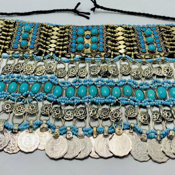 Turquoise Beaded and Stone Choker Necklace With Vintage Dangling Coins - Picture 11 of 15
